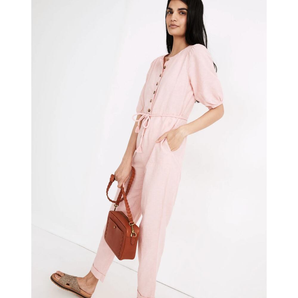 NEW Madewell Linen Blend Puff Sleeve Tassel Tie Jumpsuit Relaxed Fit Pink XXS - Picture 3 of 16